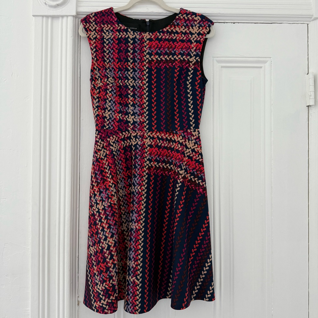 Donna Morgan For Anthropologie Red And Blue Patterned Midi Dress